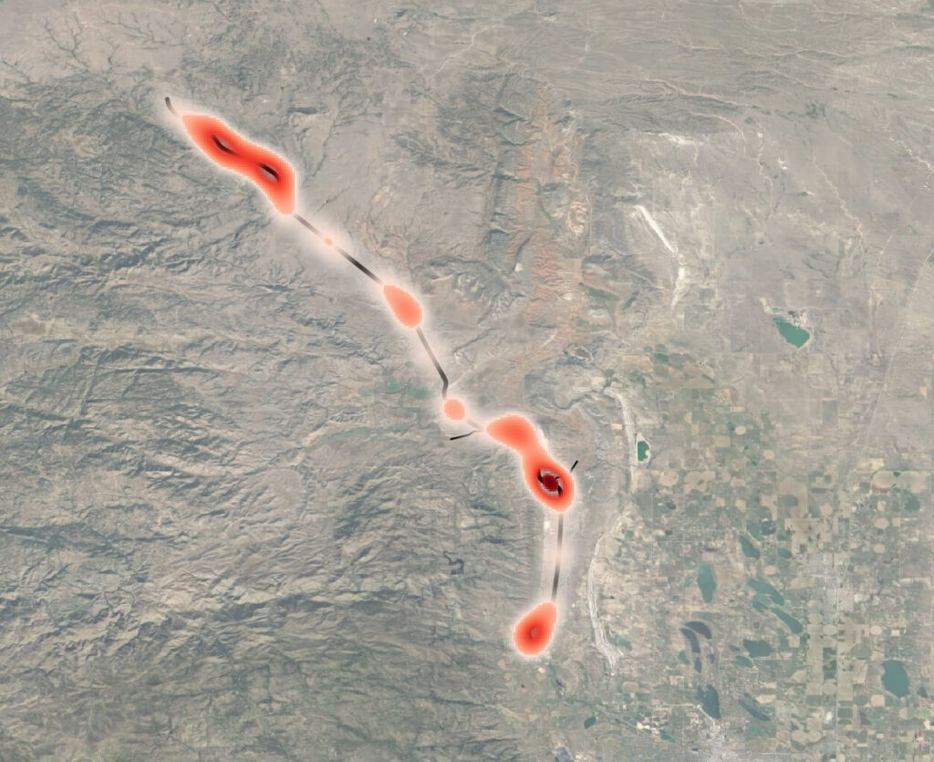 Heat Map of Crash Areas on US 287 between MP 355 TO MP 385